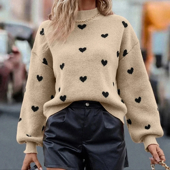 Heart Pattern Mock Neck Drop Shoulder Sweater - Picture 1 of 9